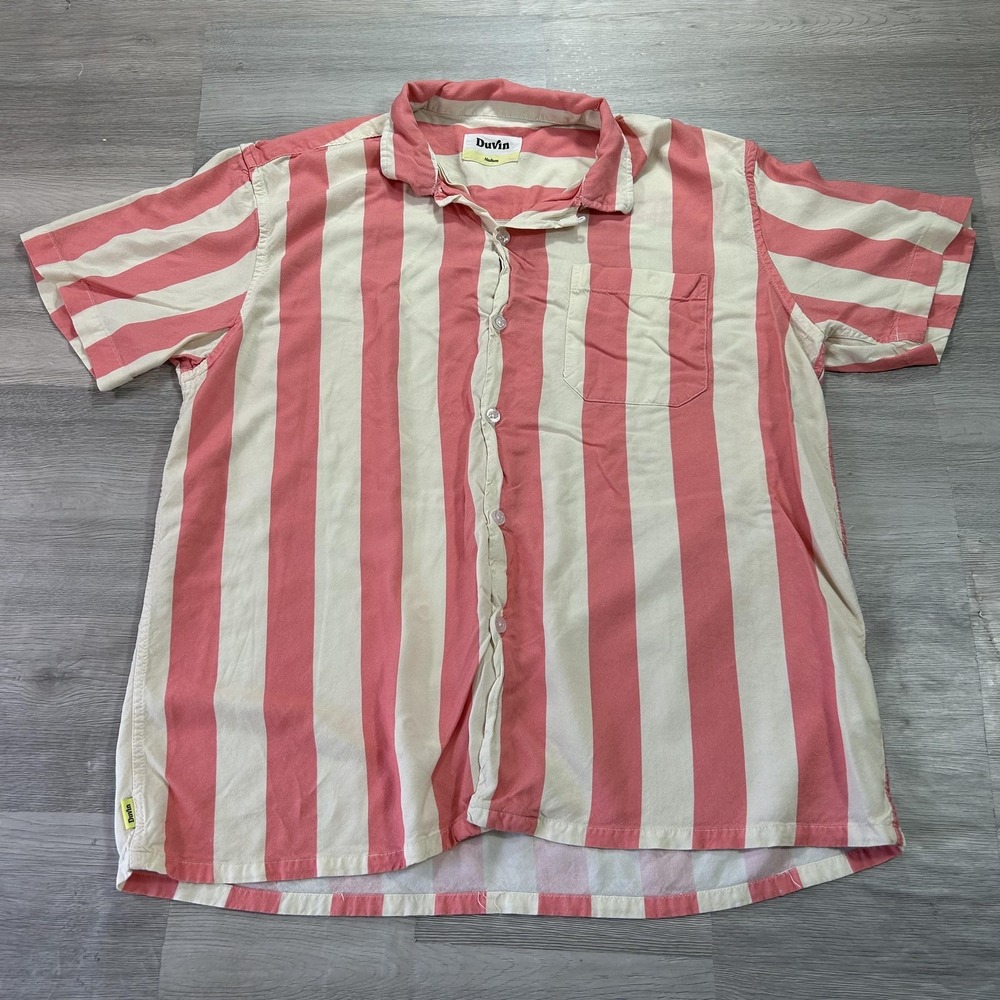 Duvin Shirt Mens Medium Pink Stripe Short Sleeve Button Up Rayon Casual
